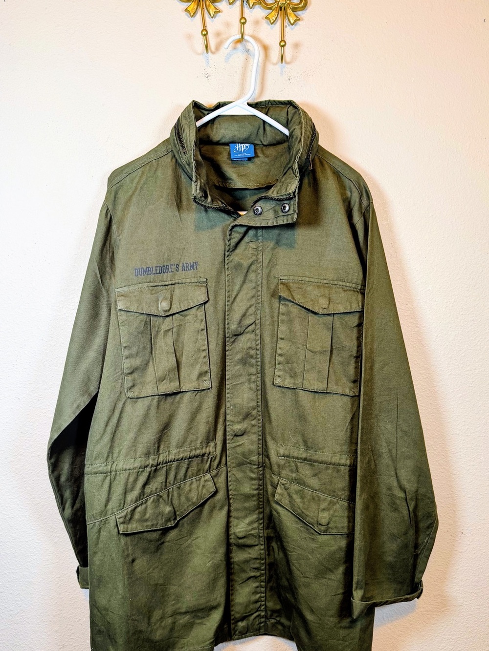 HP Dumbledore Olive Green Military Field Jacket w/Patch Pockets & Crest on back